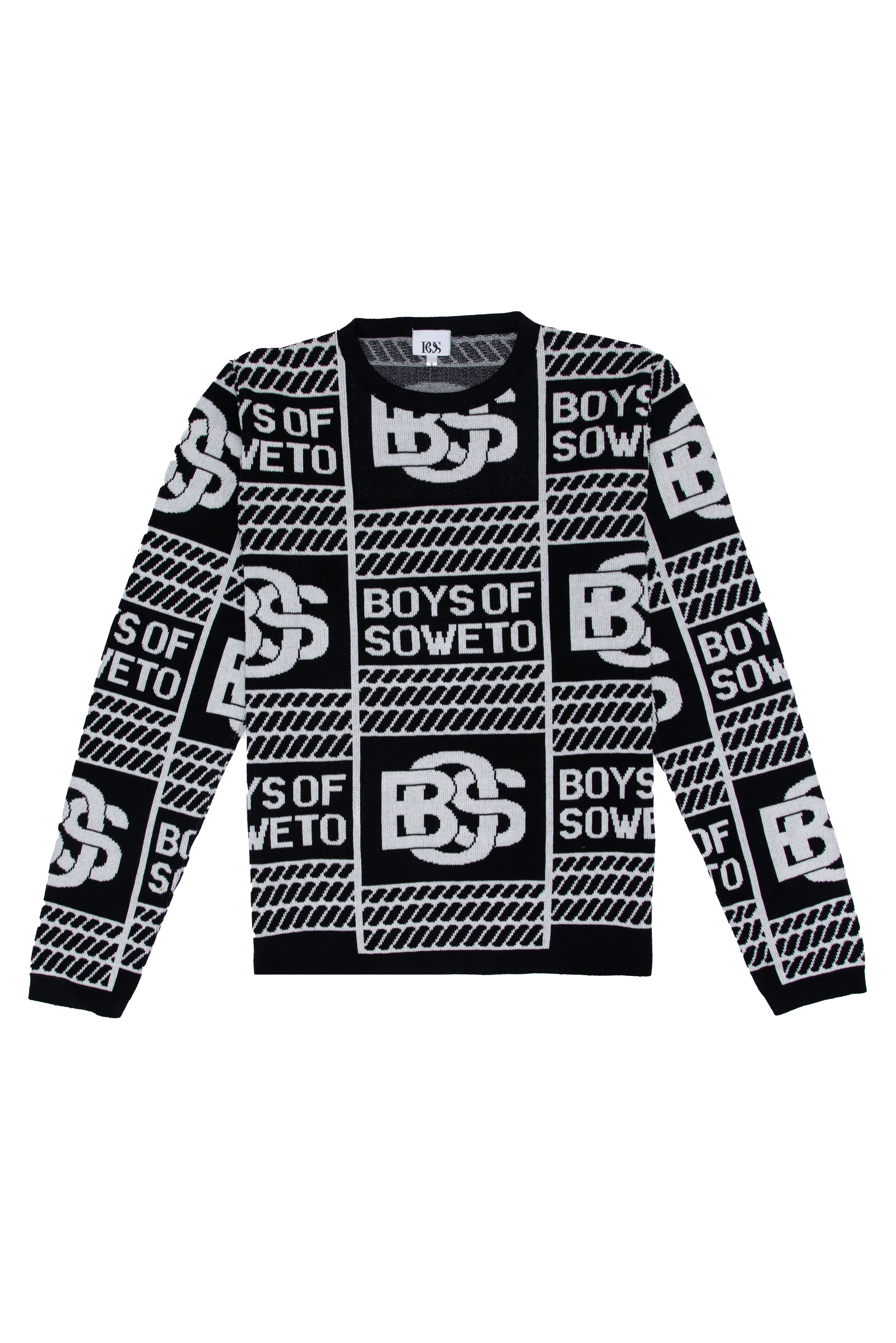 BOS Print  Long Sleeve Crew Neck Top- Black & White
