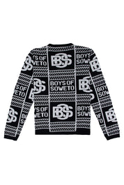 BOS Print  Long Sleeve Crew Neck Top- Black & White