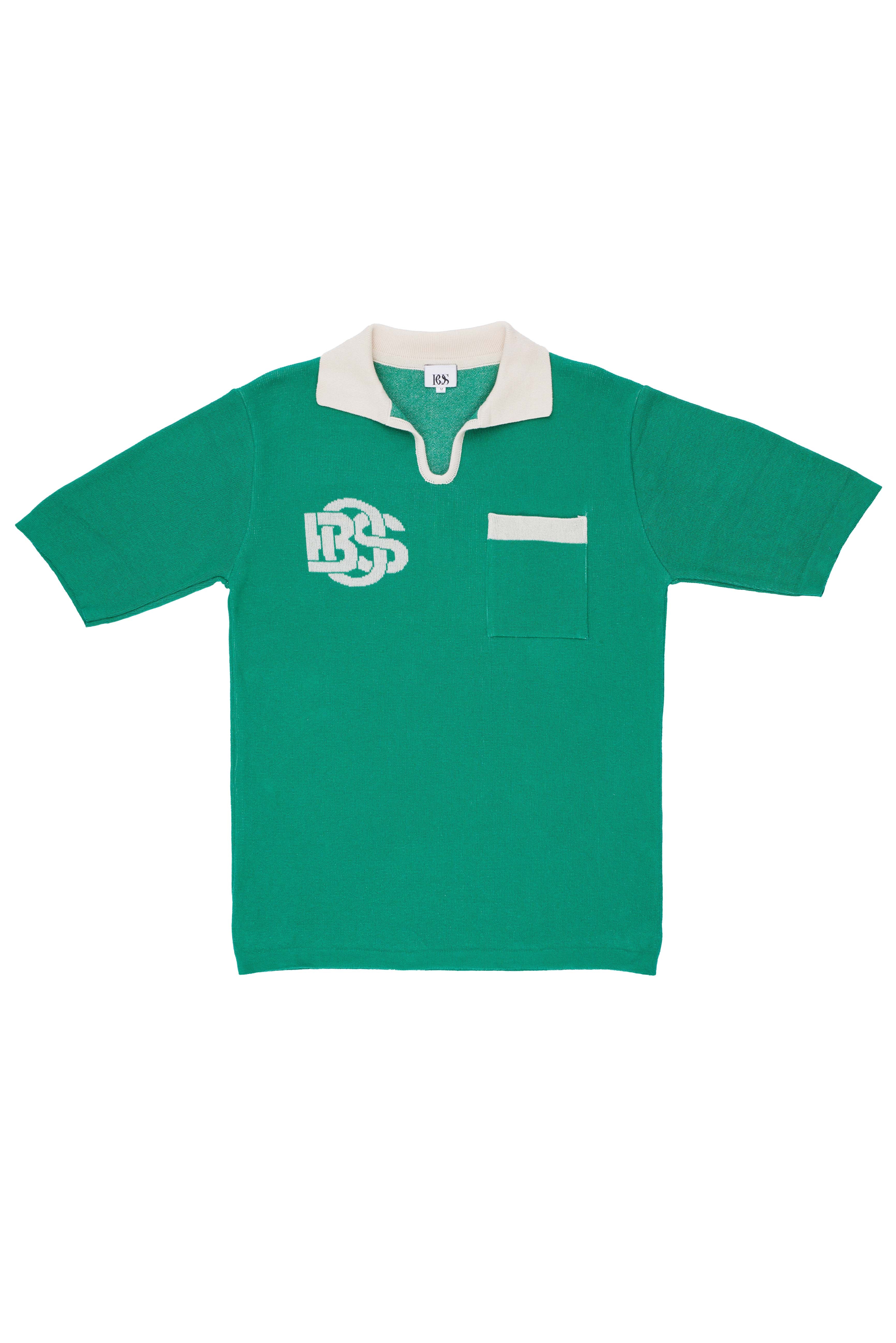Retro V-Neck Golf T-shirt - Green & Ecru
