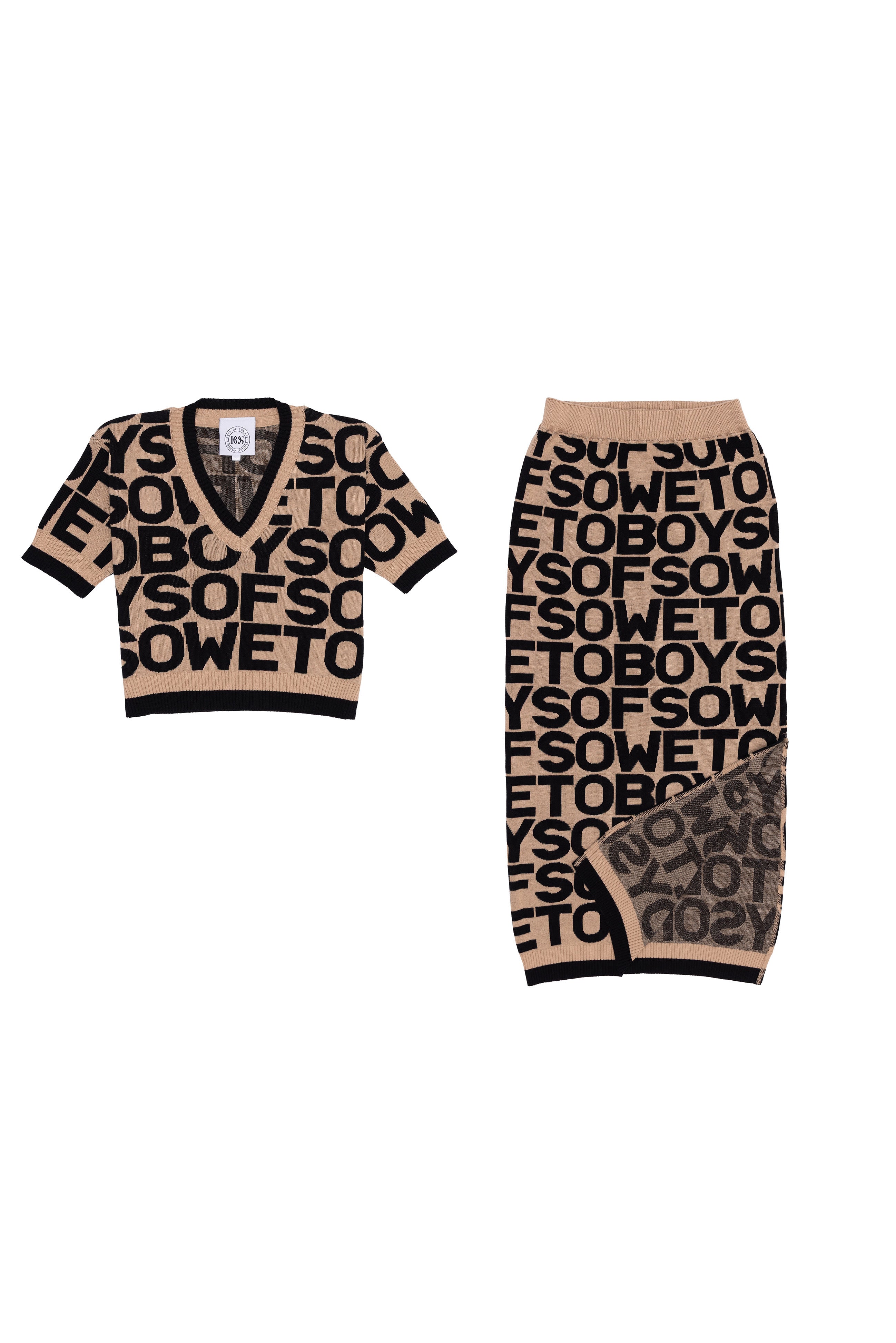 All-Over Print  Long Skirt - Beige & Black