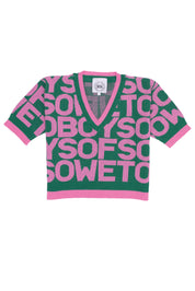 All-Over Print V-Neck Top - Pink & Green