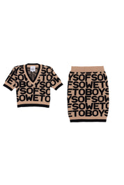 All-Over Print V-Neck Top - Beige & Black