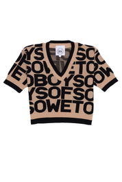 All-Over Print V-Neck Top - Beige & Black