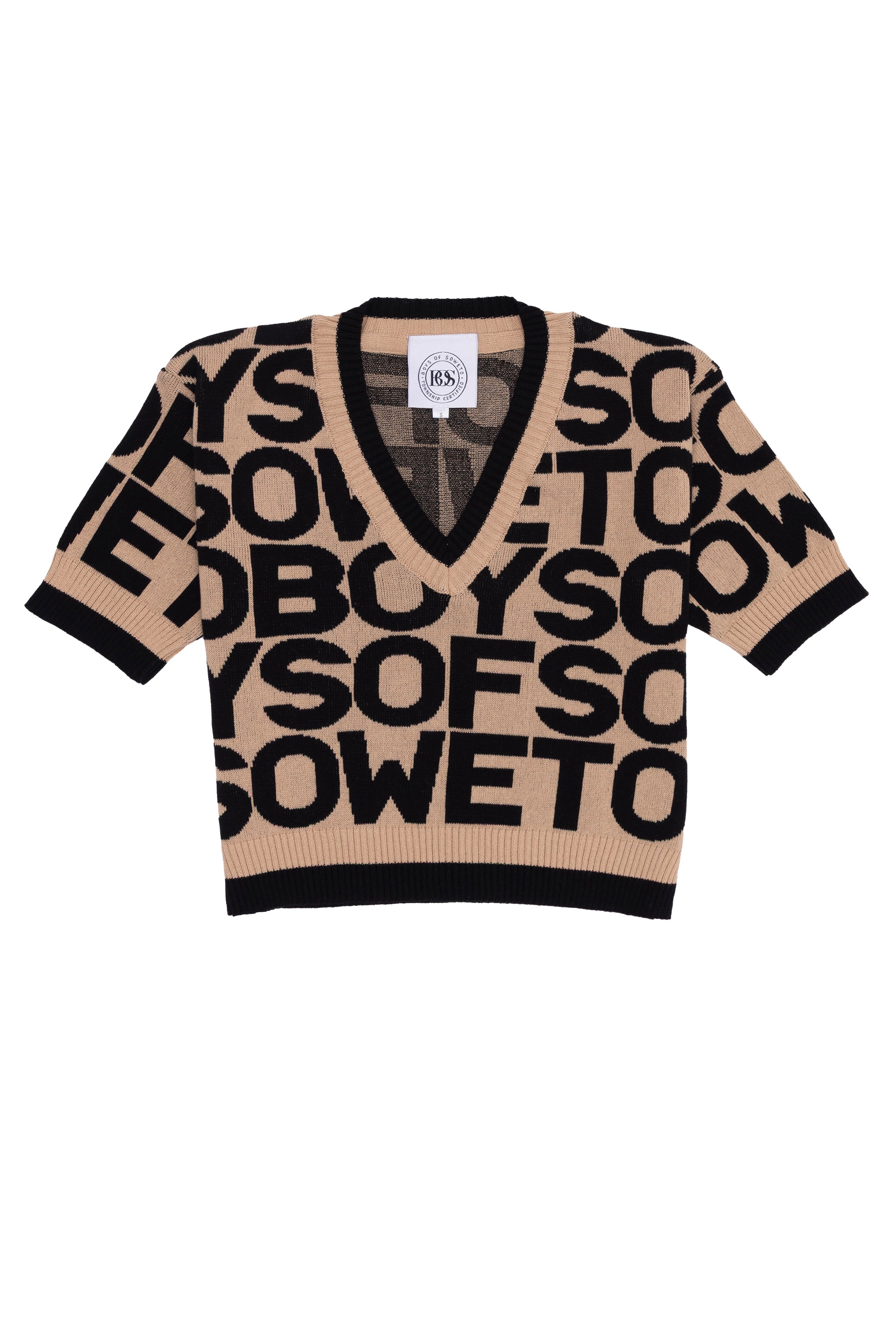 All-Over Print V-Neck Top - Beige & Black