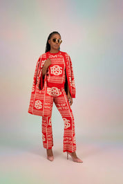 LDS BOS Pattern Bootcut Pants - Red & Ecru