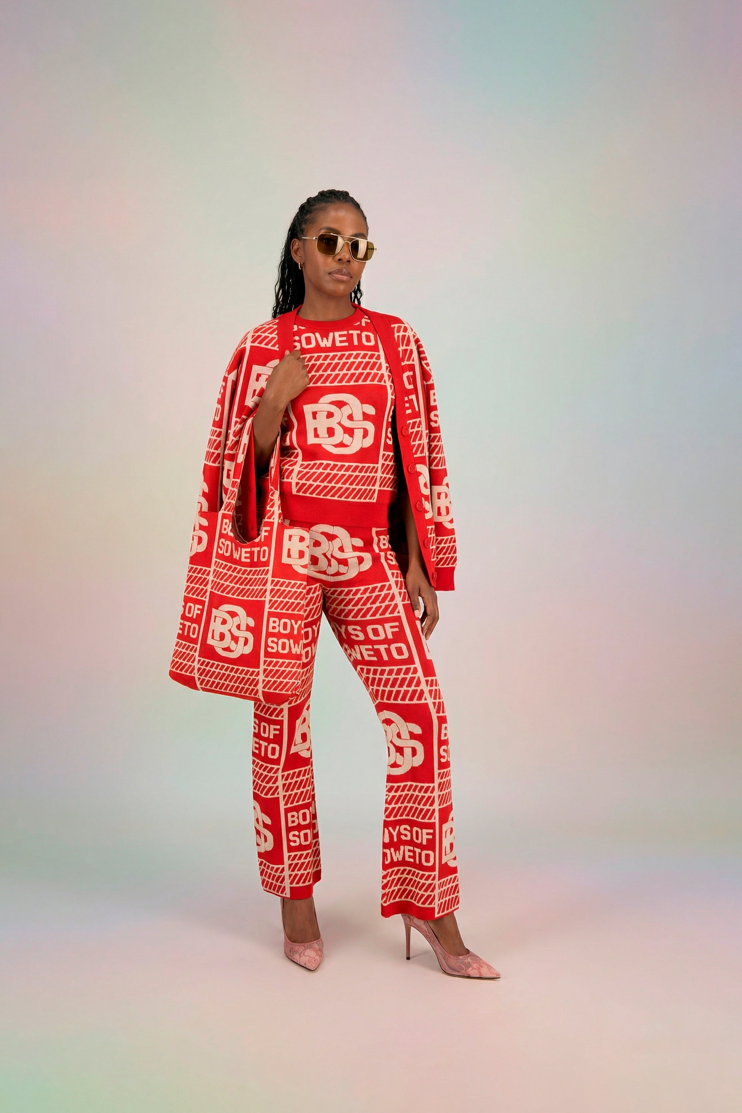 LDS BOS Pattern Bootcut Pants - Red & Ecru