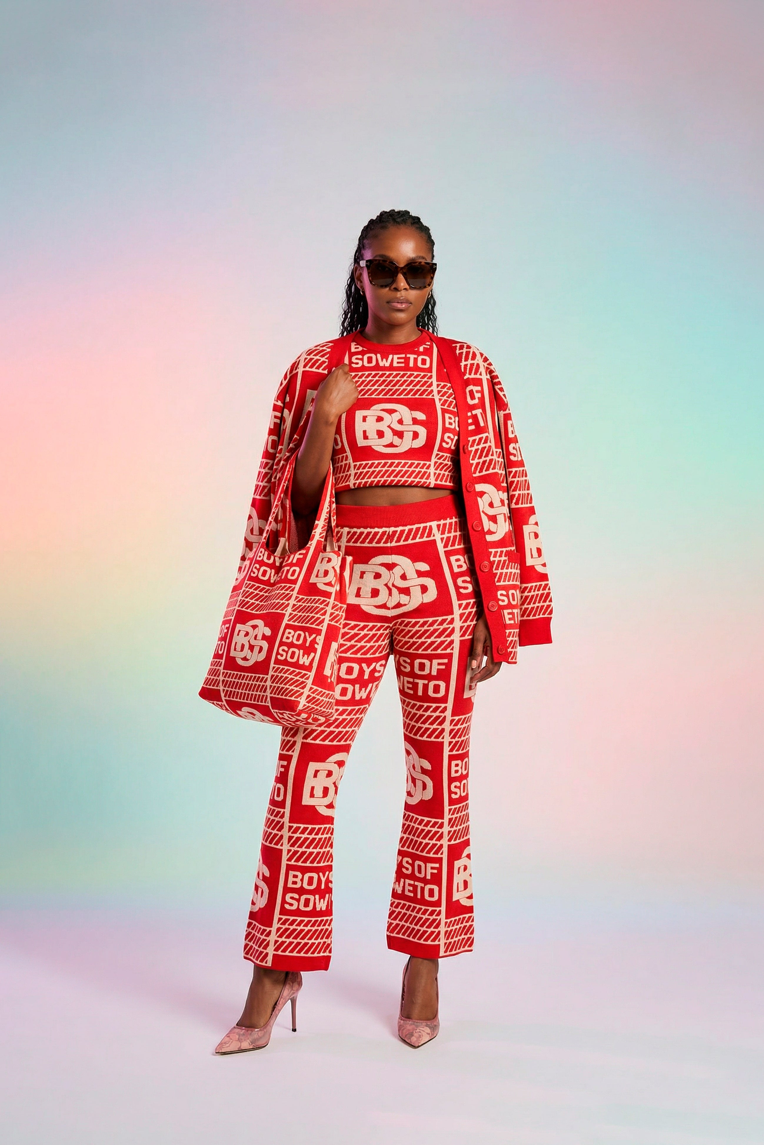 LDS BOS Pattern Bootcut Pants - Red & Ecru