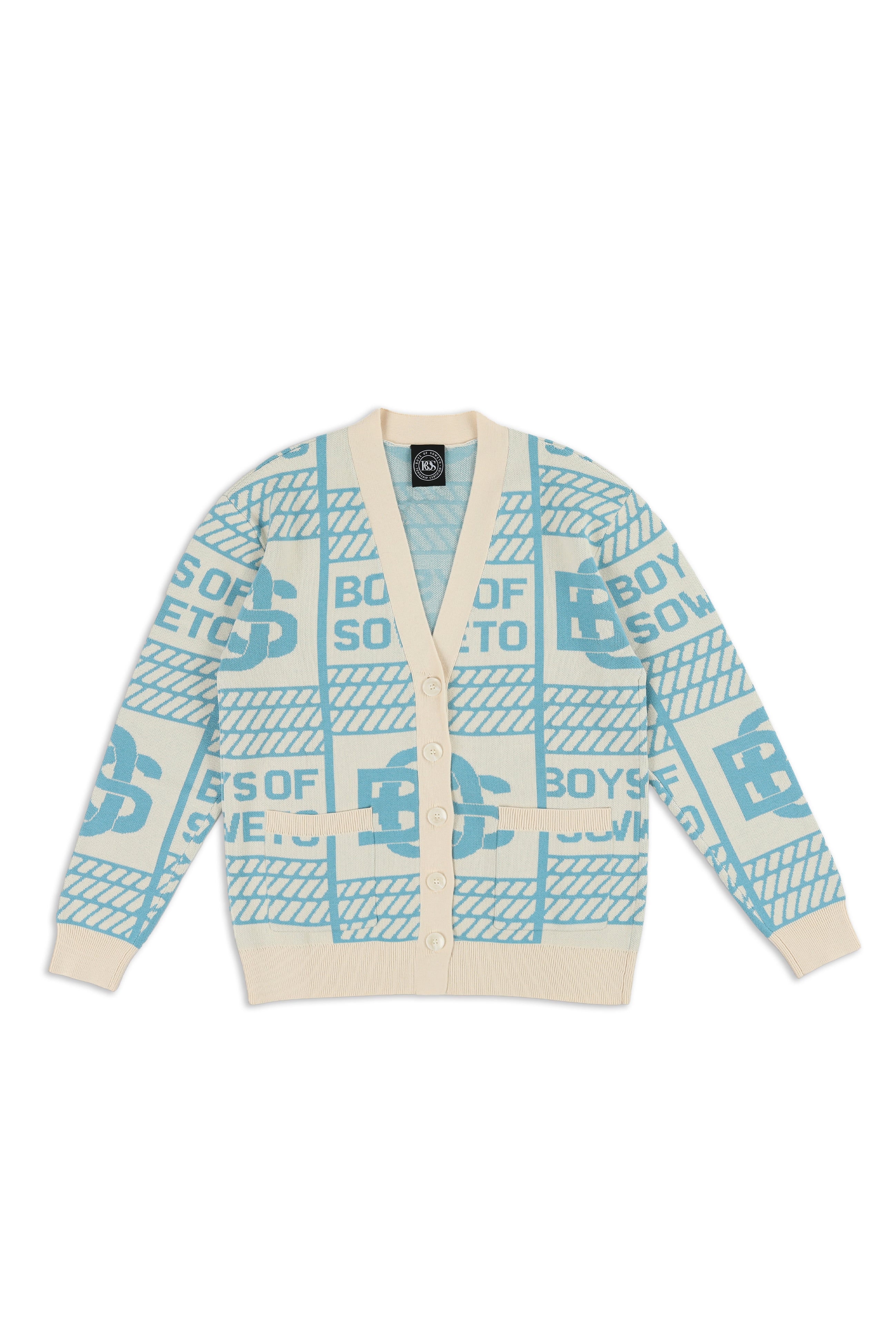 B*O様 Watermark Pattern Knitted Cardigan BOS Pattern Cardigan - Ecru & Blue – Boys of Soweto
