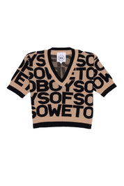 All-Over Print V-Neck Top - Beige & Black