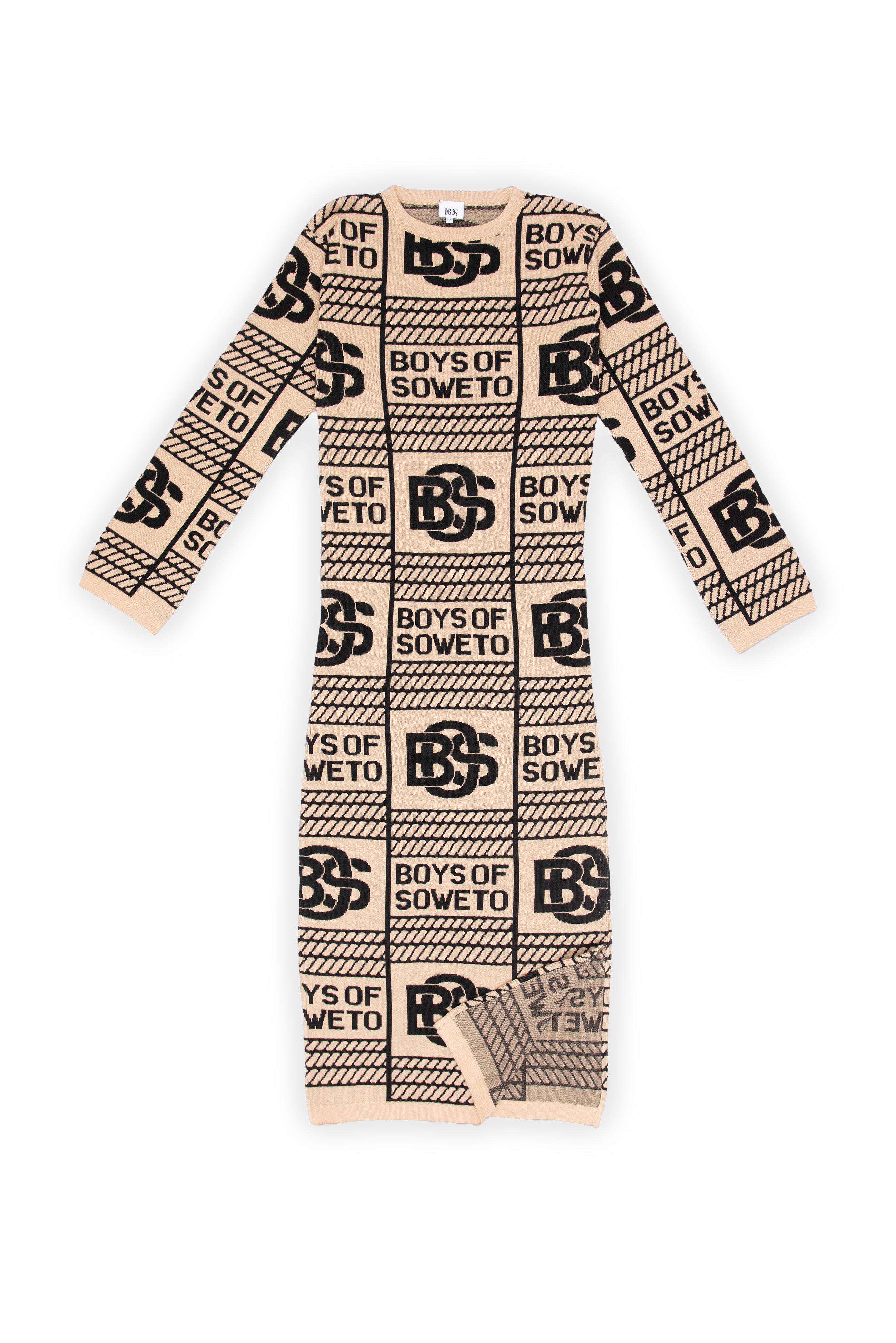 BOS Longsleeve Print Dress - Biscuit & Black