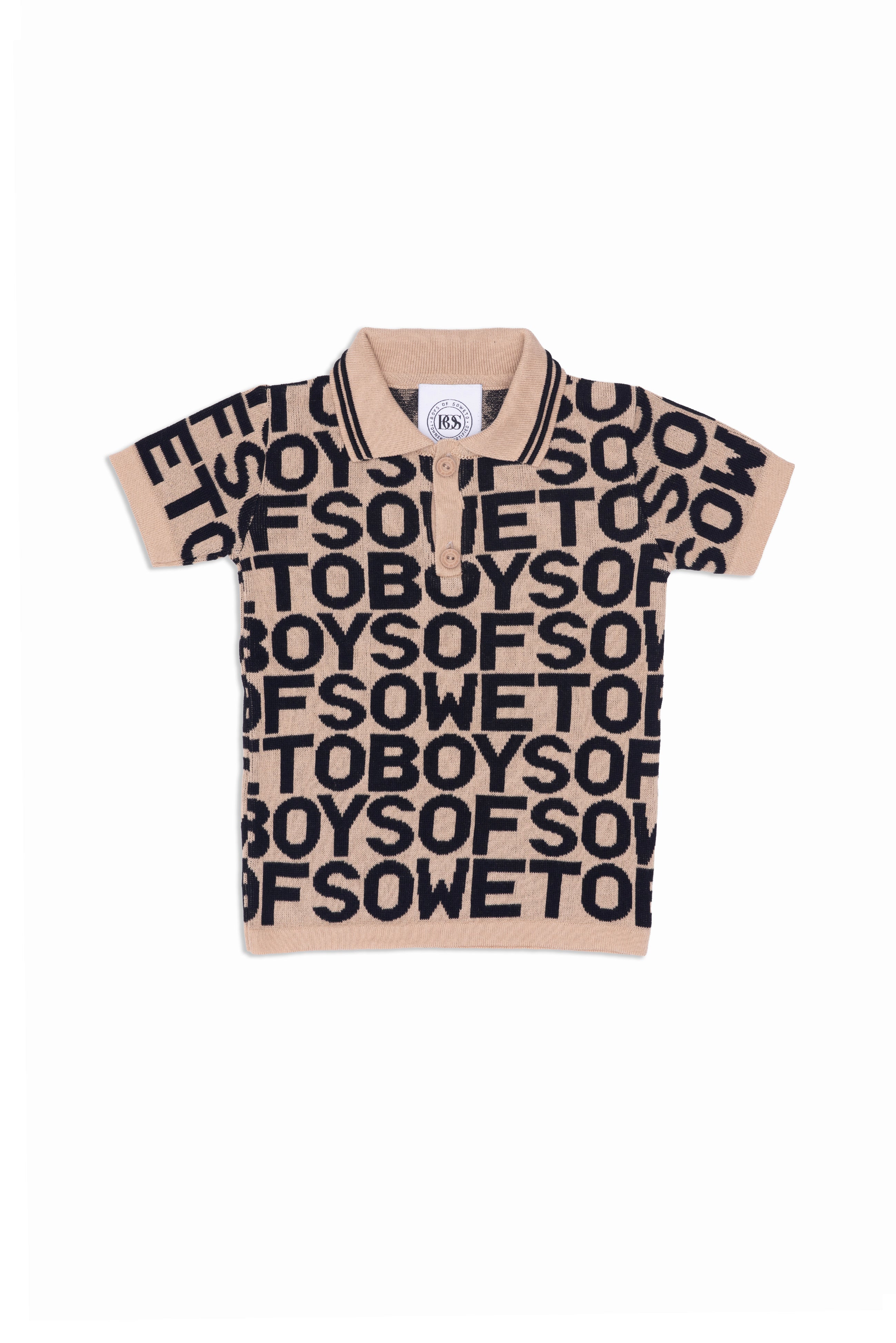 BOS Logo Mania Kiddies Knit Golf T-Shirt - Beige & Black