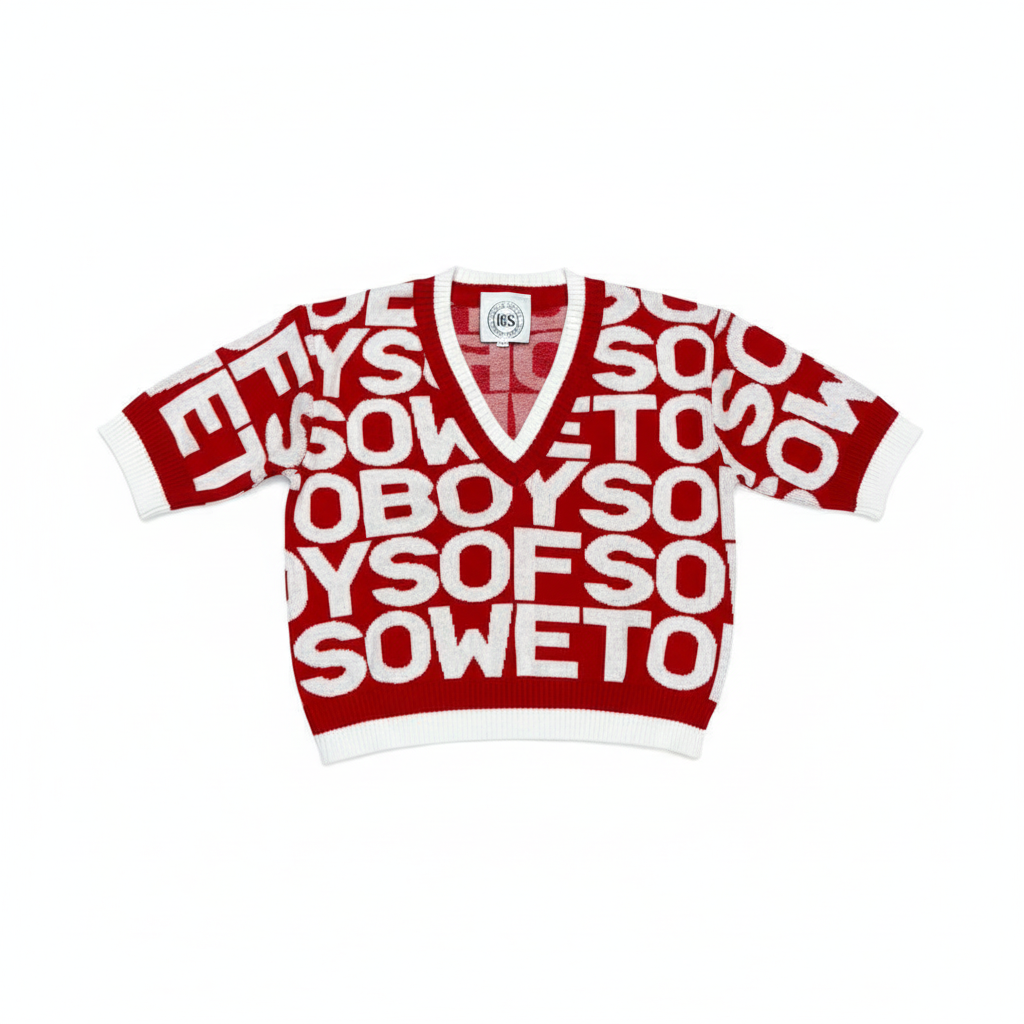 Red and white Boys of Soweto crop top on white background