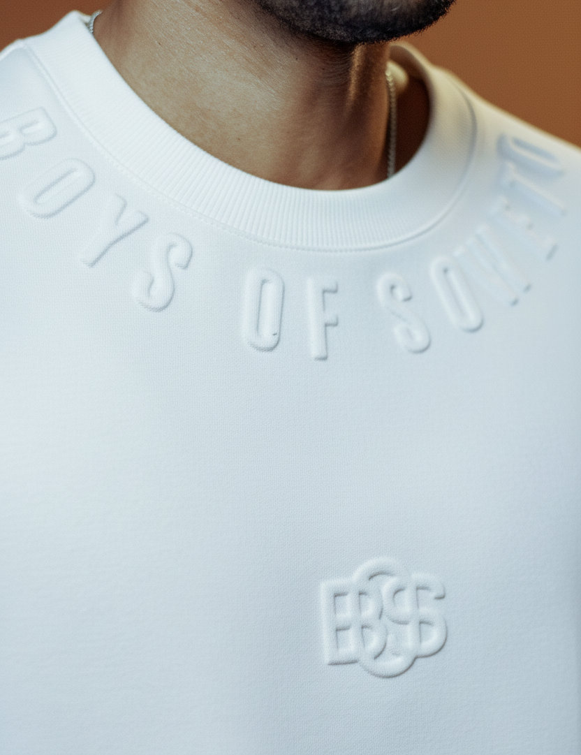 White embossed sweatshirt lifestyle shot