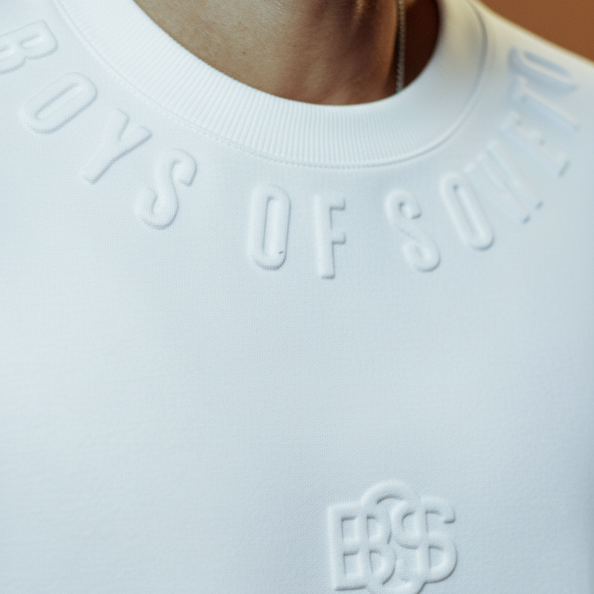 White embossed sweatshirt lifestyle shot