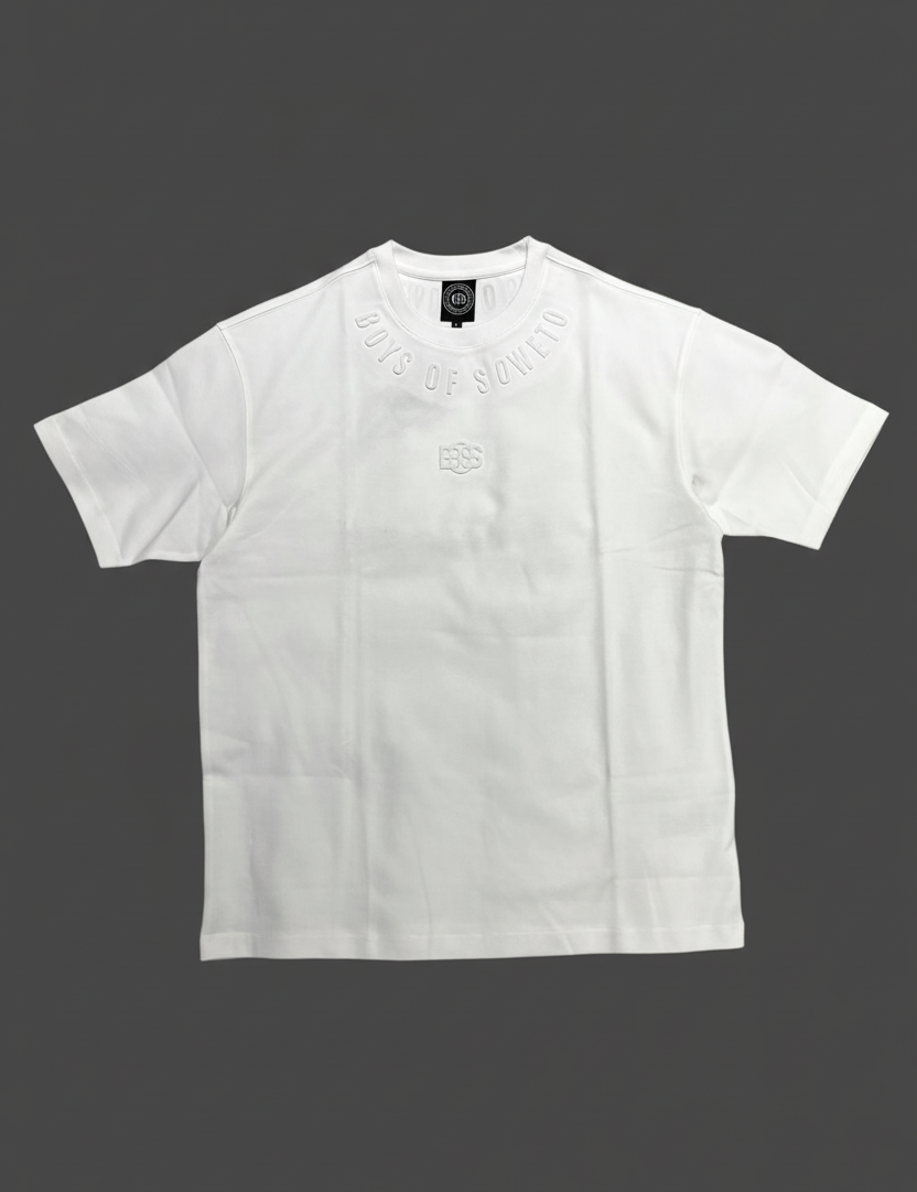 White embossed T-shirt front view on dark gray