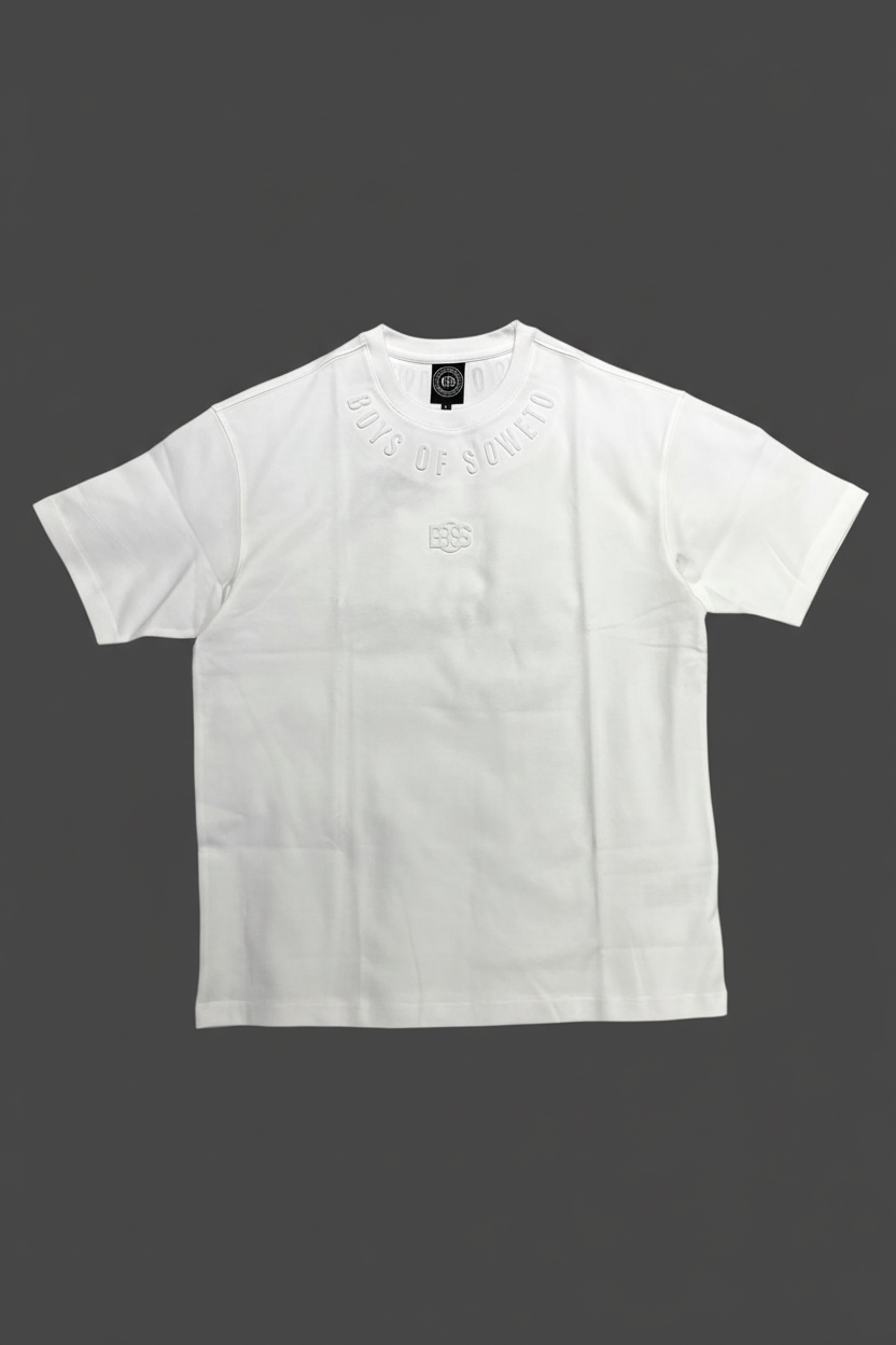 White embossed T-shirt front view on dark gray