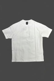 White embossed T-shirt front view on dark gray